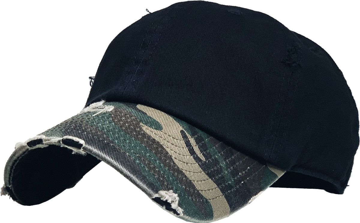 Black Camouflage Two Tone Distressed Vintage Baseball Cap Front Side View